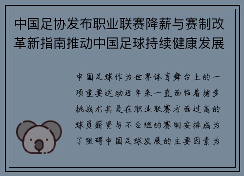 中国足协发布职业联赛降薪与赛制改革新指南推动中国足球持续健康发展